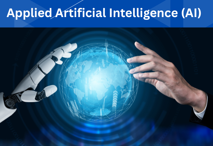 Human and robotic interaction with digital interface representing applied artificial intelligence training program